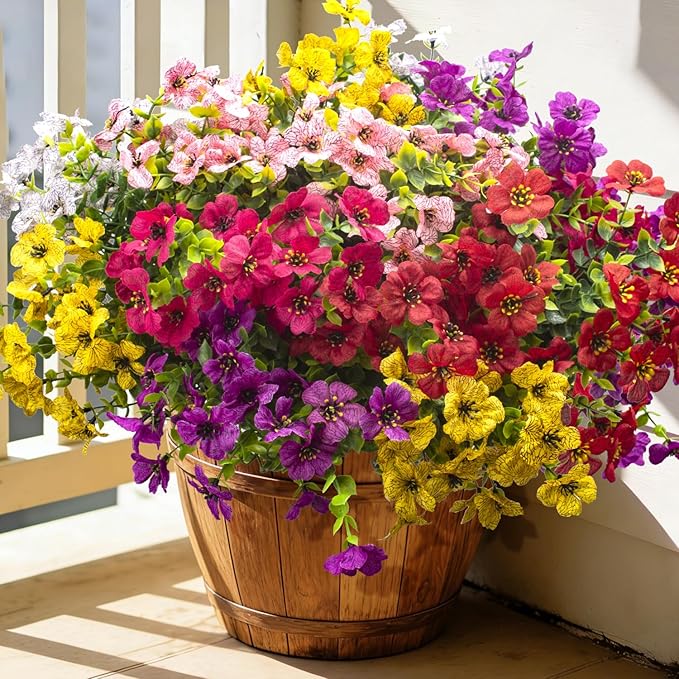 Grunyia 20 Bundles Artificial Flowers for Outdoors, UV Resistant Fake Plants Flowers Greenery Shrubs Plants for Decoration Outside Plants Hanging Planter Home Garden Decor (Mix（6 Color）)