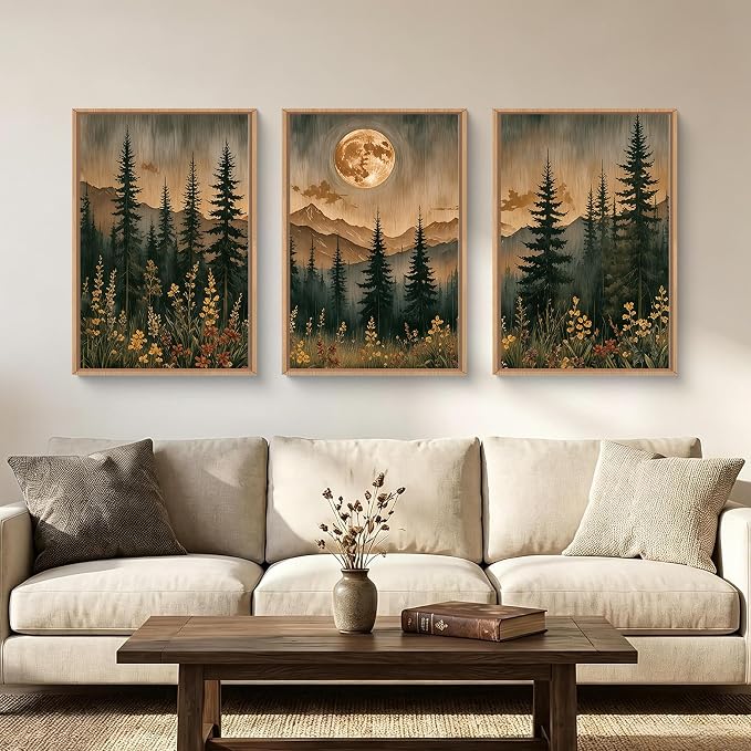 HOURIA Vintage Boho Nature Moonlight Forest Mountain Framed Canvas Wall Art Set,Wilderness Dark Moon Woodland Floral Decor,Retro Wildflower Field Landscape Artwork for Living Room,Farmhouse-16 x24 x3