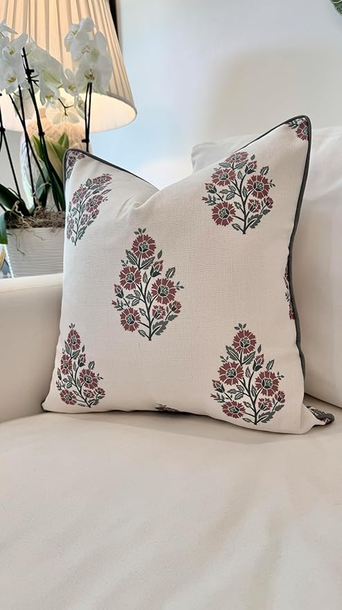 Jillien Harbor “The Sutton” Burgundy & Deep Green Floral Block Print Pillow Cover – Off-White Decorative Festive Throw Pillow Cover – Grandmillennial Home Decor, 20" x 20"