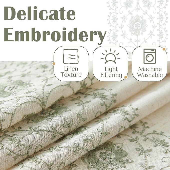 jinchan Weslie Boho Curtains for Bedroom Sage Green Vintage Floral Farmhouse Curtains 63 Inch Linen Drapes for Living Room Embroidered Light Filtering Drapes Rod Pocket Sage on Beige 2 Panels