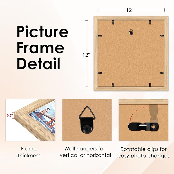 FIXSMITH 12x12 Picture Frame Natural Set of 2, Photo Frame with HD Plexiglass, Display Pictures 8x8 with Mat or 11x17 Without Mat, Gold Picture Frames Collage Wall Decor, Gallary Wall Frame