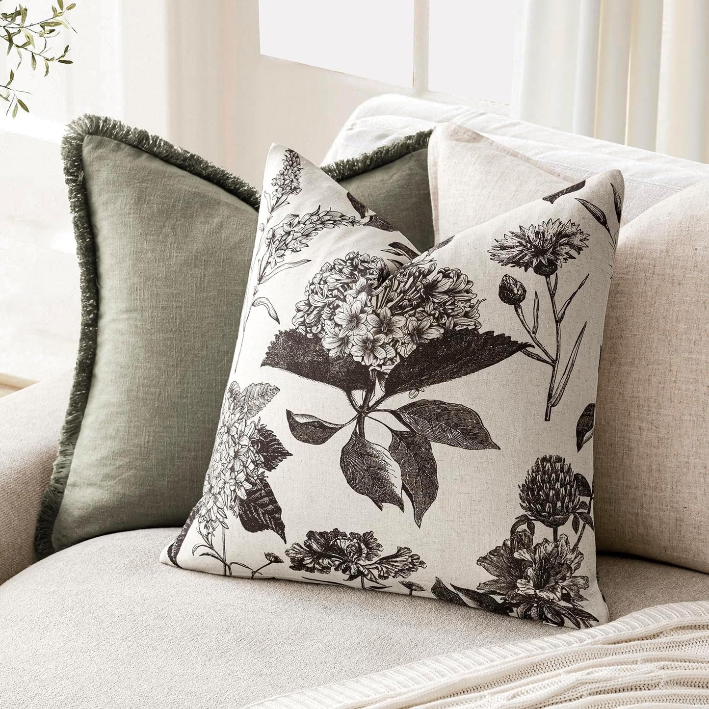 Foindtower Set of 2 Linen Floral Vintage Throw Pillow Covers Neutral Accent Print Decorative Cushion Covers Farmhouse Boho Home Decor for Sofa Chair Couch Bedroom Living Room Outdoor,24×24 Inch,Black