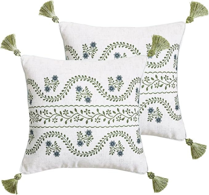 ISAENNE Designer Linen Throw Pillow Cover,Set of 2,18"x18"-Mosella D | Vintage Elegant Square Decor Pillow Cover,Concealed Zipper Design,Floral Pattern,Sofa,Bedroom,Living Room,Lounge Chairs