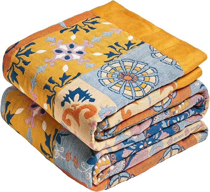 MSGKV Boho Throw Blanket for Couch 50"x60" 100% Cotton Blanket Summer Breathable Lightweight Blankets for Sofa Home Decor Muslin All Seasons