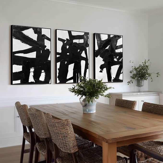 SAFERRYHOME Black And White Abstract Textured Wall Art, 3 Pieces Modern Canvas Prints Paintings, Minimalist Wall Decor Picture, Black Line Stroke Artwork for Living Room, Bedroom, Office, 24"x36"x3