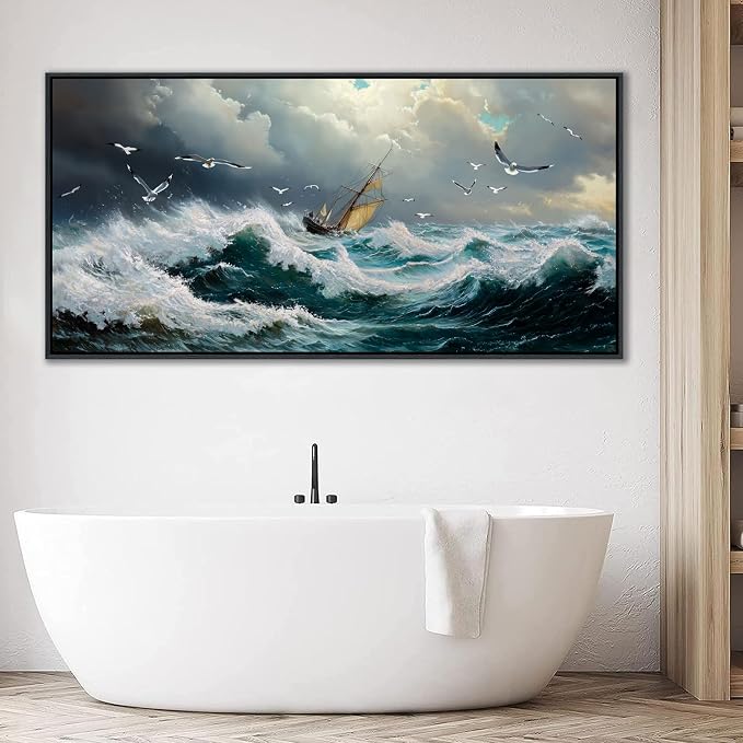 YDYSUNE Large Retro Ocean Wall Art, Nautical Sailboat Canvas Painting, Textured Coastal Picture Artwork, Vintage Adventurer Wall Decor Framed for Living Room Bedroom Home 29x58 Inch