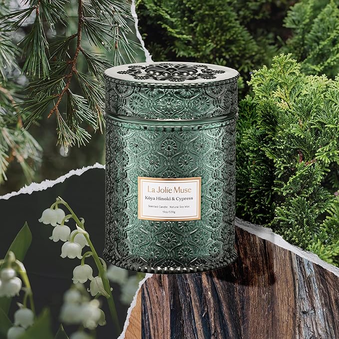 LA JOLIE MUSE Hinoki & Cypress Scented Candle for Home | Pine & Cedarwood | Christmas Winter Holiday | 19 oz Non Toxic Natural Soy | Large Green Jar Candle | Luxury Gifts for Women & Men | Wood Wick