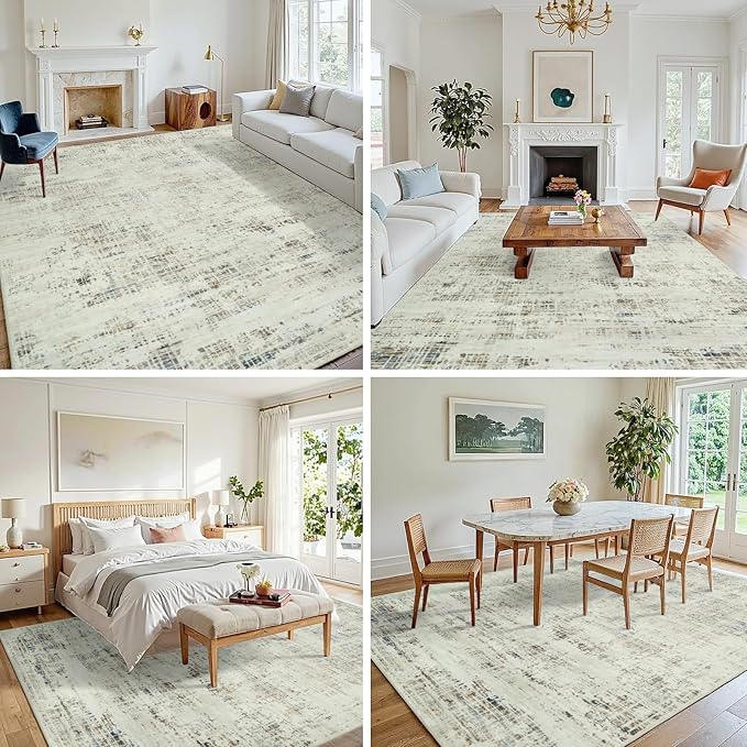 10x12 Area Rugs for Living Room Washable Rug: Anti-Skid Abstract Modern Living Room Rug Soft Thin Carpets Indoor Floor Non-Shedding Carpet for Bedroom Dining Farmhouse Nursery Gray White Blue