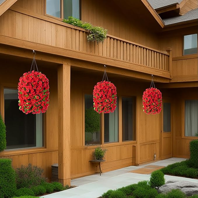 Ammyoo Artificial Faux Hanging Flowers Basket for Spring Summer Outdoor Outside Porch Decoration, Fake Silk Colorful Morning Glory Eucalyptus UV Resistant Look Real for Home Patio Balcony Yard(Red)