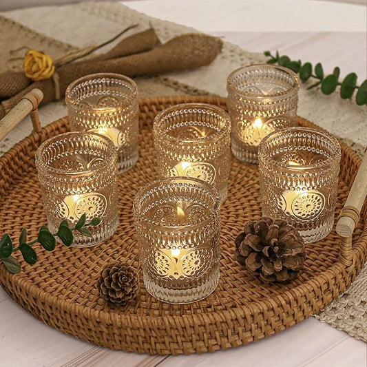 12 Pcs Clear Glass Votive Candle Holders, Tealight Candle Holders for Table Centerpieces, Vintage Candle Holder Bulk, Boho Wedding, Home, Bridal Shower, Birthday Party Table Decor (Clear)
