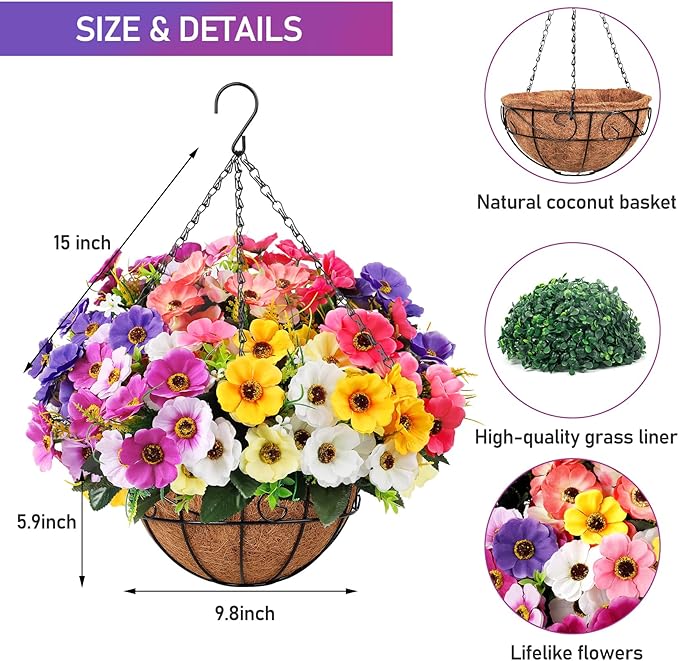 Ouddy Decor Artificial Hanging Flowers with Basket, Fake Silk Hanging Flowers in Coconut Lining Basket Faux Hanging Plants for Outdoor Indoor Spring Garden Porch Patio Balcony Home Decor, Multicolor