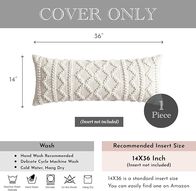 BlissBlush Pure White Decorative Lumbar Pillow Cover 14x36, Boho Long Throw Pillow for Bed, Accent Lumbar Throw Pillow Case, Modern Farmhouse Textured Lumbar Cushion (Cover ONLY)