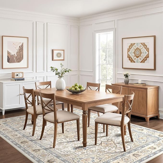 7x9 Area Rug Living Room: Washable Boho Large Neutral Vintage Soft Rug Stain Resistant Farmhouse Non-Slip Indoor Floor Carpet for Bedroom Nursery Kids Playroom Office Dining Room- Sand Blue