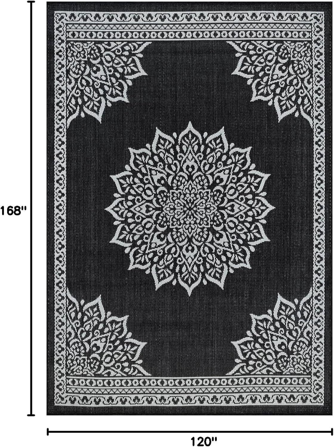 CAMILSON Indoor Outdoor Rug, 10x14 Medallion Black White Modern Area Rugs for Large Indoor and Outdoor Patios, Kitchen and Hallway Mats, Washable Porch Deck Outside Carpet (Medallion Black, 10 x 14)