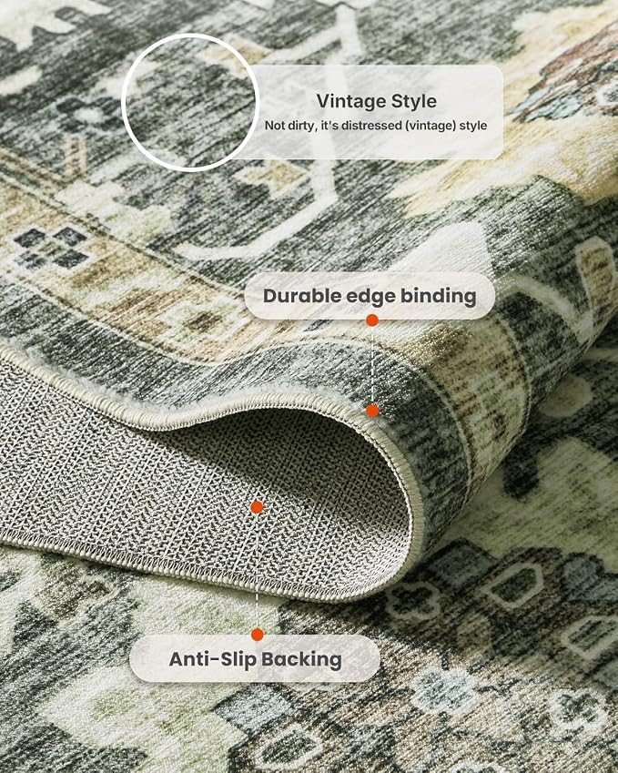 AMADA HOMEFURNISHING 10x14 Washable Area Rug, Low-Profile Large Area Rug with Non-Slip Backing & Durable Edge Binding, Vintage Large Rugs for Living Room, Bedroom & Dining Room
