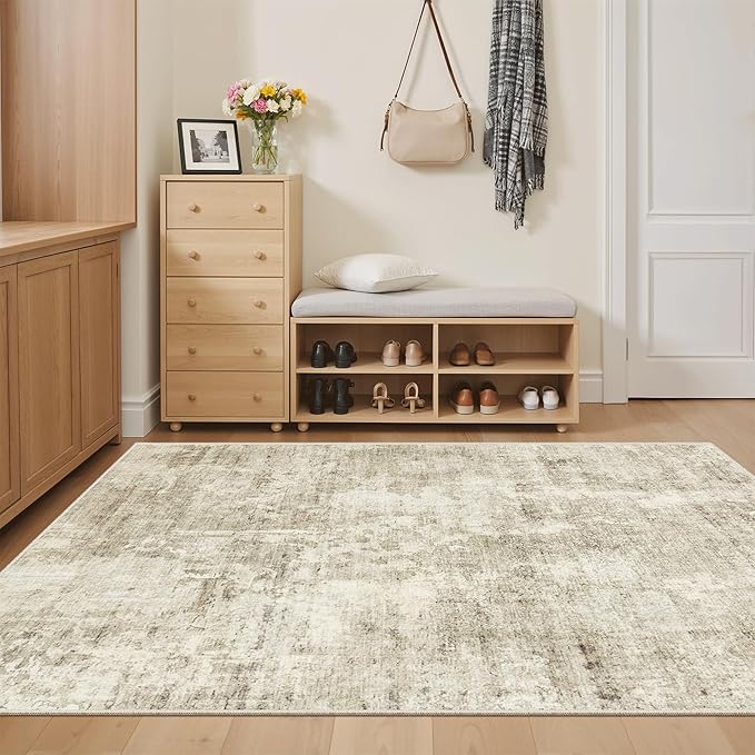 Soalmost 4x6 Area Rugs for Living Room, Vintage Washable Rugs for Dining Room, Bedroom, Home Office Decor, Non-Slip Beige/Gray Carpet Thin Rug