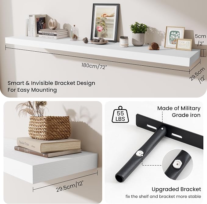 Fun Memories 72 Inch Fireplace Mantel Shelf, 12 Inch Deep Shelves for Display & Wall Storage, Rustic Wood Wall Shelf, Extra Long Floating Shelves for Living Room Laundry Room, White, Set of 2