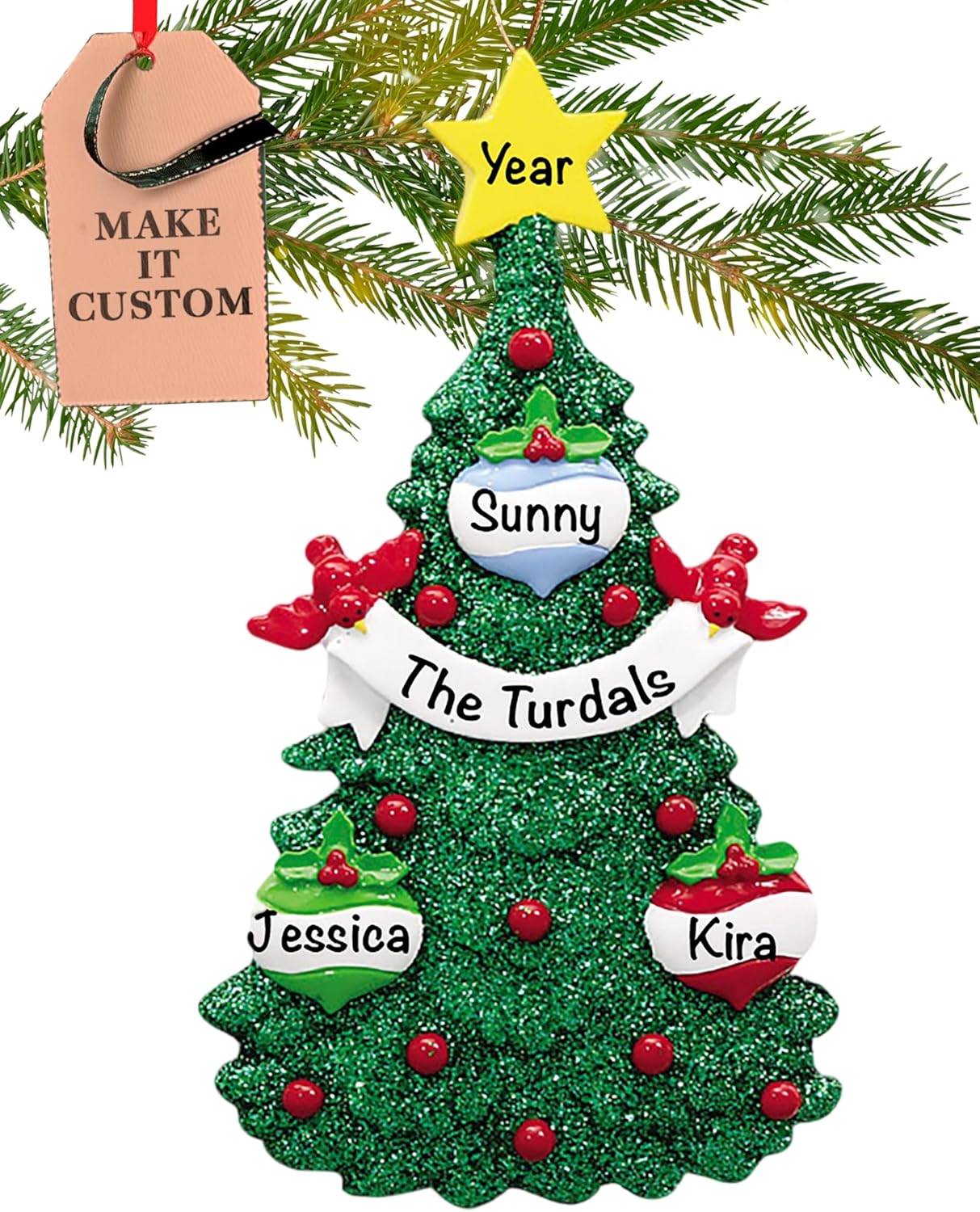 Personalized Family of 3 Ornament 2025 | Free 24h Customization | Christmas Ornaments for Tree | Custom Gift Wrapped Green Glitter Keepsake for Three Persons