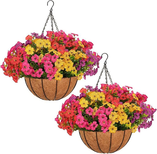 2 Set Artificial Hanging Flowers with Basket for Outdoor Spring Summer Decor - 24 Pcs Realistic UV-Resistant Silk Daisy Hanging Plants for Garden Porch Patio Balcony Yard Home Decoration
