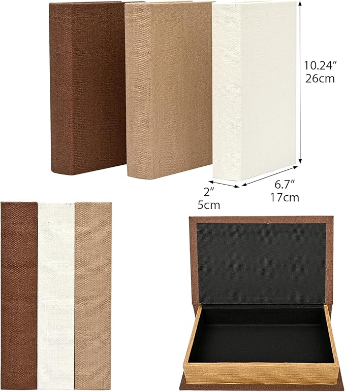 DECOR4SEASON Modern Linen and Wood Decorative Book Boxes, Set of 3 Earthy Neutral Faux Books for Bookshelf Decor, Coffee Table Storage Trays for Remotes & Jewelry, Brown, Taupe, and Off-White