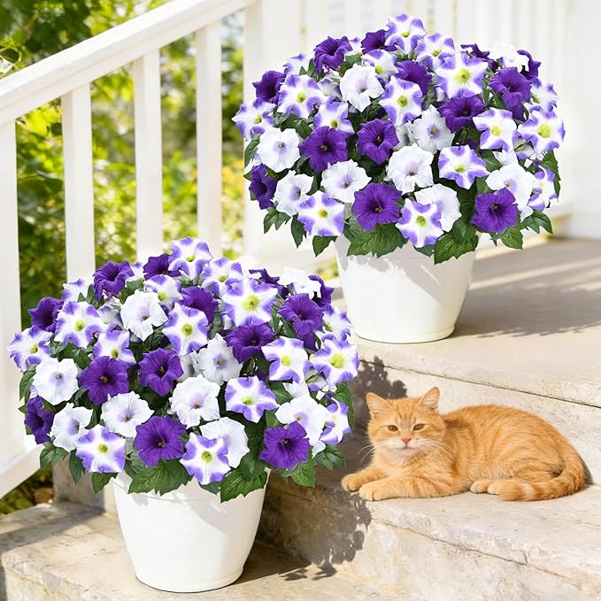 MARTINE MALL Artificial Flowers for Outdoors, 4 Bundles Realistic Fake Outdoor Flowers, UV Resistant Silk Petunia Flower for Outside Look Real Faux Flower Plants for Outdoor Porch Decor, Purple White