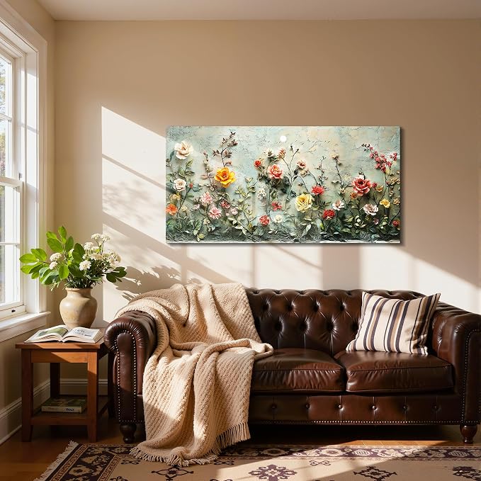 imjiayu Floral Wall Art, Large Wall Decor, Rose Wall Art, Vintage Flower Field Painting, Wildflower Landscape Canvas Prints, Nature Pictures for Living Room Bedroom Kitchen Home Decorations 20"x40"