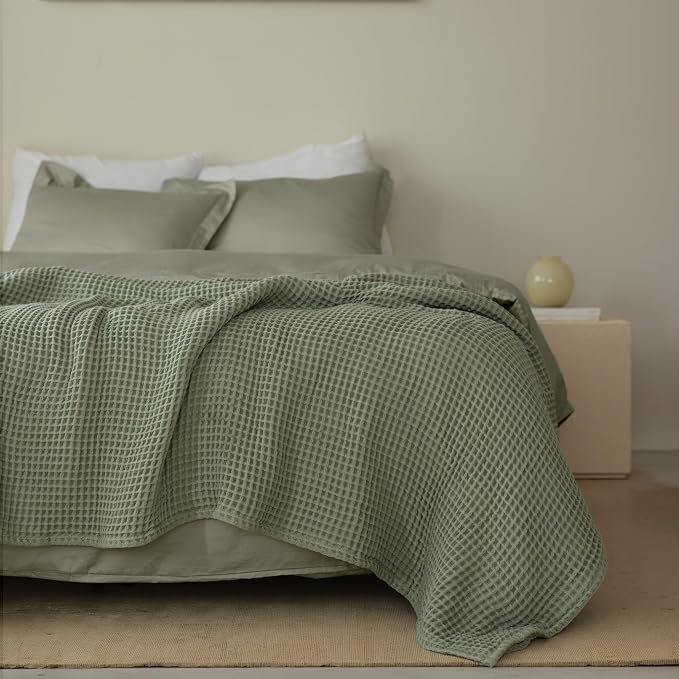 Premium Waffle Throw Blanket Queen XL Size Sage Green - Luxury, Pure 100% Turkish Cotton, Light & Airy Waffle All-Season Quilt - Decorative Bedspread (Sage Green, Queen XL 95" x 102" Inch)
