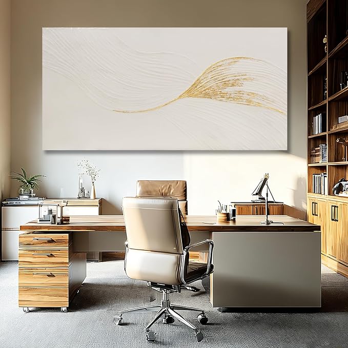 Dolidoteart Wall Art Hand Painted Oil Painting, Oversized Neutral White Gold Textured Abstract Wall Art, Long Horizontal 29x58 Inch Minimalist Wall Decor for Living Room Bedroom Above Couch