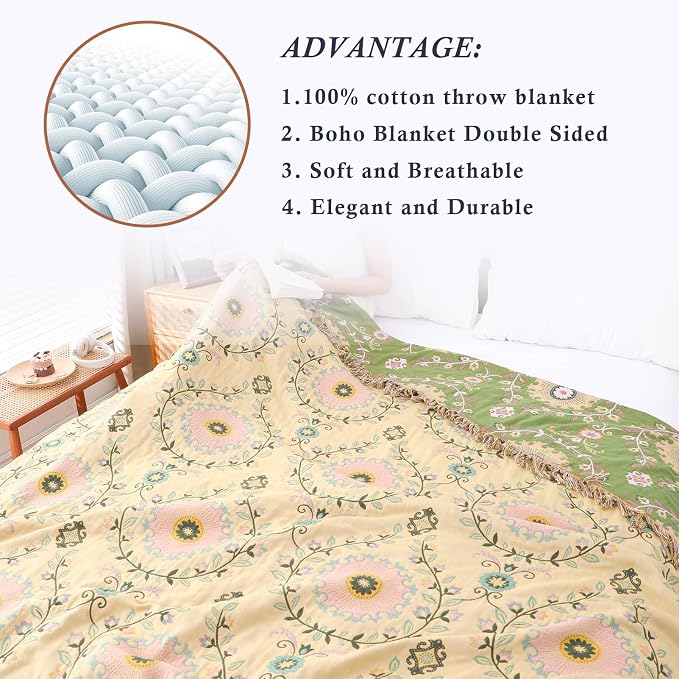 Snycler Boho Throw Blanket 91"x98" - 100% Cotton Ultra Soft Rustic Quilt, Green Floral Printed Farmhouse Decor for Bed, Sofa, Couch, Chair - All Season Cozy Blanket