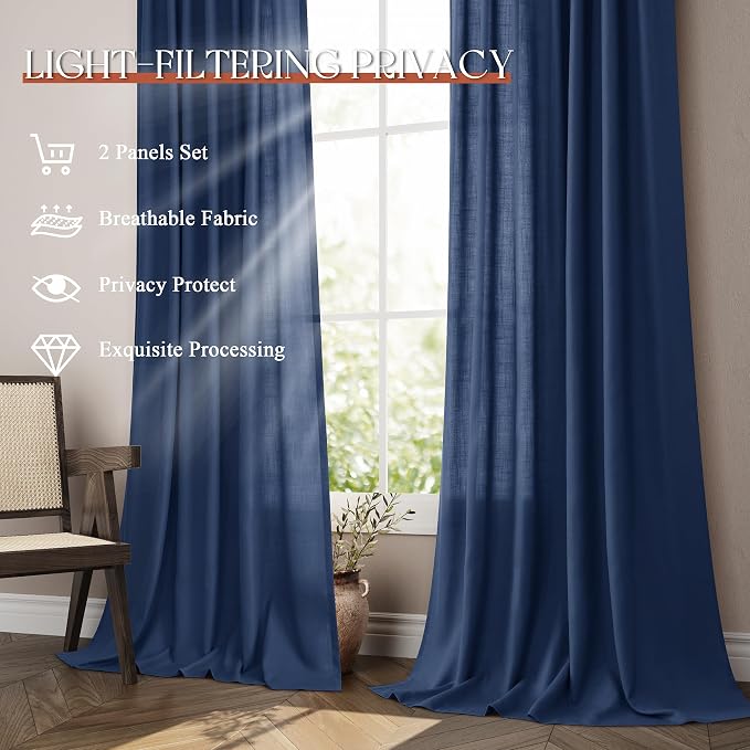 Jowels Denim Blue Linen Curtains 84 Inch Long 2 Panels for Living Room | Light Filtering Semi Sheer Curtain, Back Tab Pocket Pleated Look, Boho Farmhouse Textured Privacy Drapes for Bedroom Window
