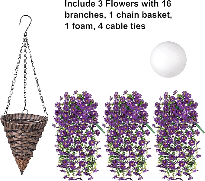 HyeFlora Artificial Hanging Flowers Basket for Outdoor, Fake Flowers Faux Plants Look Real for Yard Gardens Porch Patio Home (Darkpurple)