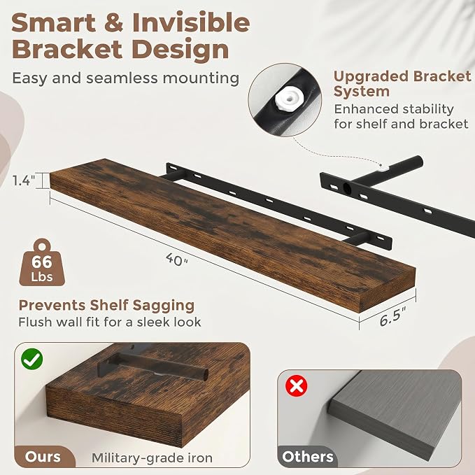 Venusmiles Floating Shelves for Wall, 40 Inch Floating Shelves Set of 2, 6.5" D Wooden Wall Mounted Display Shelves with Invisible Brackets for Living Room, Bedroom, Bathroom, Kitchen Decor, Brown