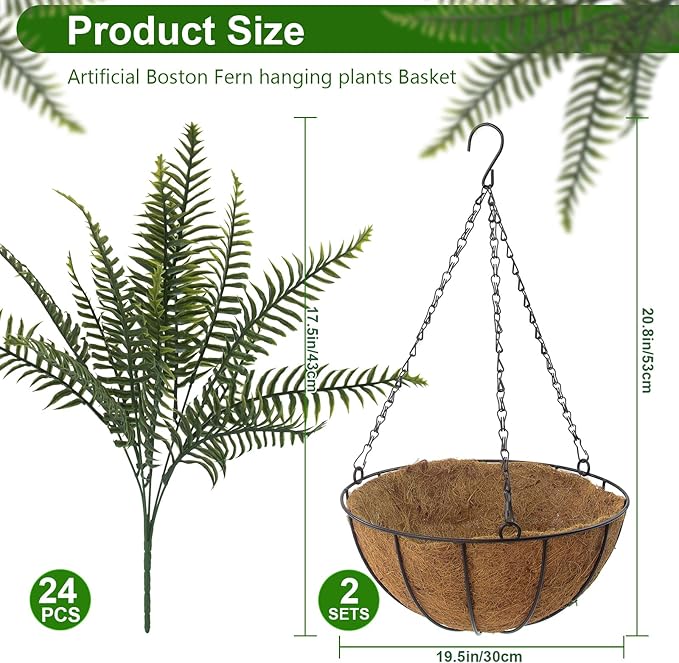 Fake Ferns Hanging Baskets,2PCS Artificial Hanging Plants Outdoor, 2 Hanging Planters with 24 Pcs Fake Ferns for Indoor Outside Decorations for Front Porch Garden Balcony Patio Home Decor (2, Green)