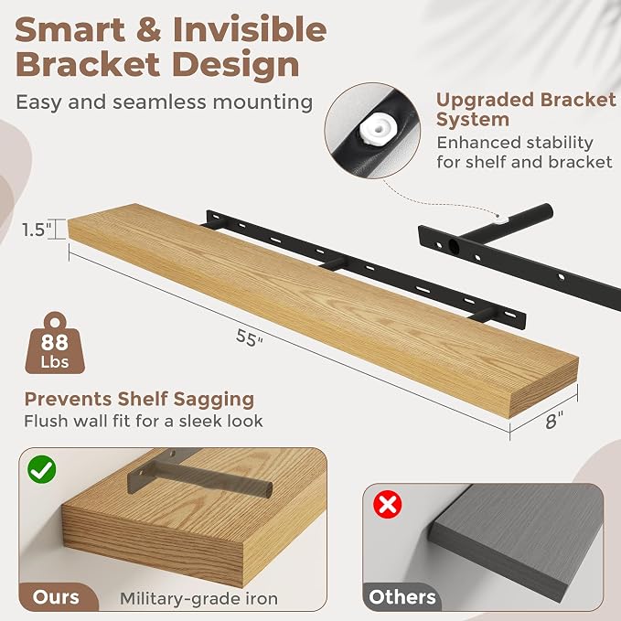 55 Inch Floating Shelves for Wall, 8"D Wood Storage Shelves, Oak Finish | Engineered Wood, Invisible Bracket, Large Storage, Easy Install, Hold Up to 88lbs, Living Room, Bathroom, Bedroom, Kitchen