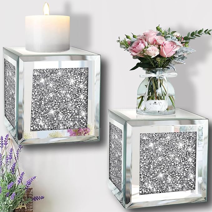 ZOLAPI Set of 2 Crystal Crush Diamond Candle Sconces, Gorgeous Silver Mirrored Wall Sconce, Candle Holder Glass Wall Decorations for Home Décor, Living Room, Dining Room. Floating Shelves