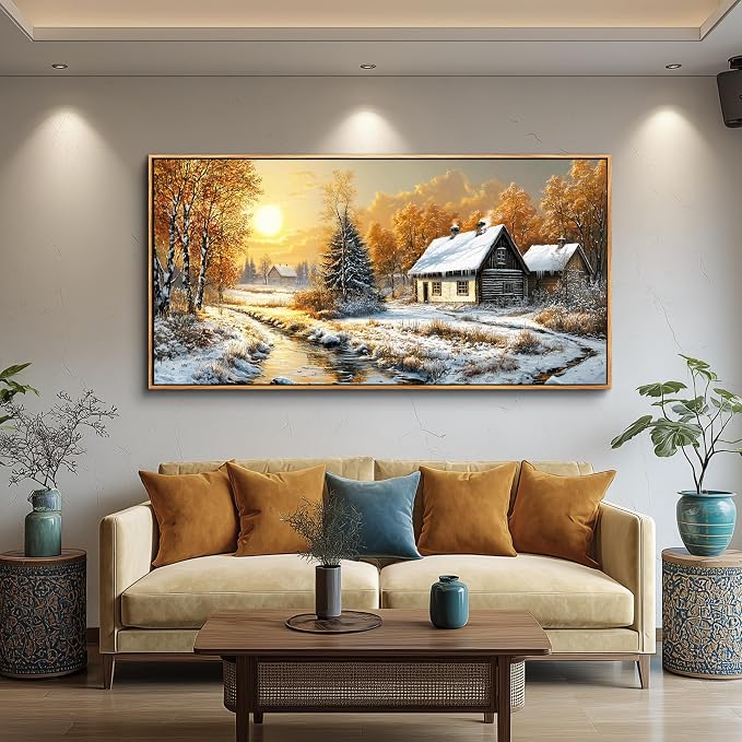 XIGUANGART Snow Landscape Wall Art Framed,Large Canavs Wall Art,Forest Pictures Bedroom,Lake Paintings,Cottage Artwork for Walls,Vintage Rustic Farmhouse Art Prints for Living Room Kitchen,60"x30"