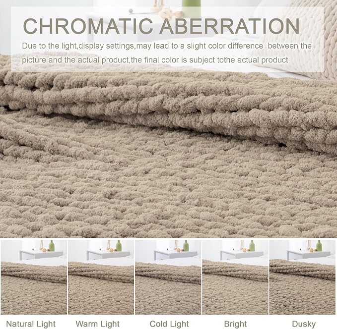 Chunky Knit Throw Blanket 50x60, 100% Handmade Chenille Yarn | 4.4lbs Soft Thick Cable Knitted Blankets, Large Rope Knot Crochet Throws for Couch Sofa Bed Machine Washable, Taupe