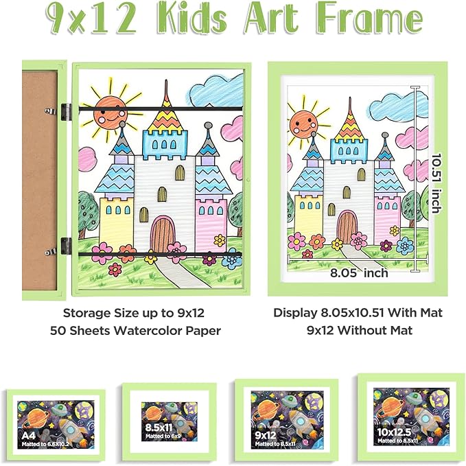 KINLINK 9x12 Kids Art Frame Set of 2, Solid Wood Kids Artwork Frames Changeable with Front Opening Hold 150 Pictures, Art Frames for Kids Art with Mat，without Mat 9x12 Picture Frame Green