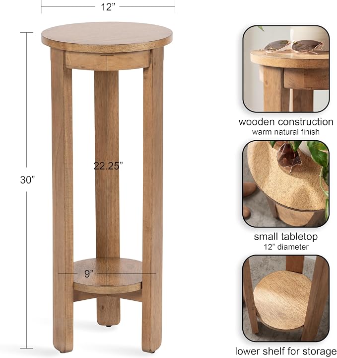 Kate and Laurel Foxford Tiered Round Drink Table, 12 x 12 x 30, Natural Brown, Transitional Two-Tier Circle Plant Stand Table for Use as Living Room Pedestal Table or Small Bedroom Nightstand
