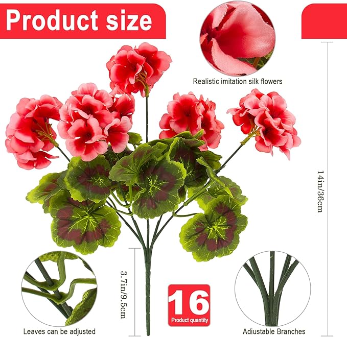 lovemoon 16 Pcs Artificial Geranium Plant Realistic Silk Flowers for Outside UV Resistant Faux Geraniums Flowers for Indoor Outdoor Home Garden Office Decoration (16, Peach)