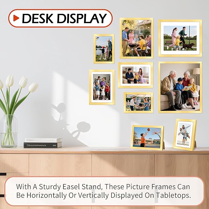8x10 Picture Frame Set of 8, Gold Photo Frames for Tabletop or Wall Display, Fits Pictures 5x7 with Mat or 8x10 Without Mat, Frame Collage with HD Plexiglass for Gallery Home Wall Decor