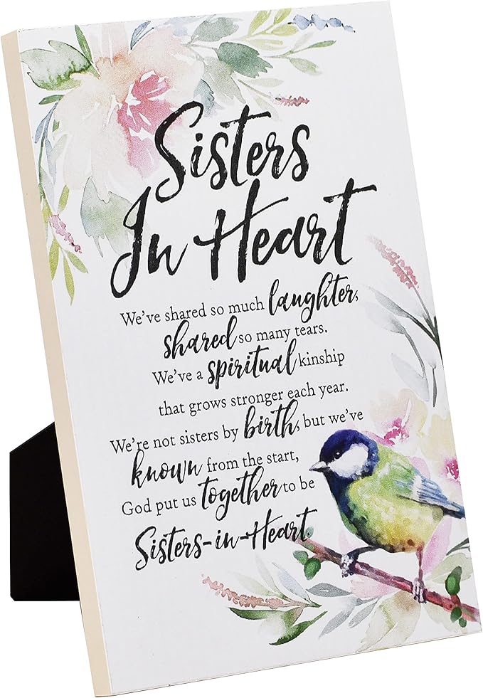 DEXSA Sisters In Heart Wood Plaque with Inspiring Quotes 6"x9" - Elegant Frame Wall & Tabletop Decoration | Easel & Hanging Hook | Christian Family Religious Home Decor Saying | Made in the USA
