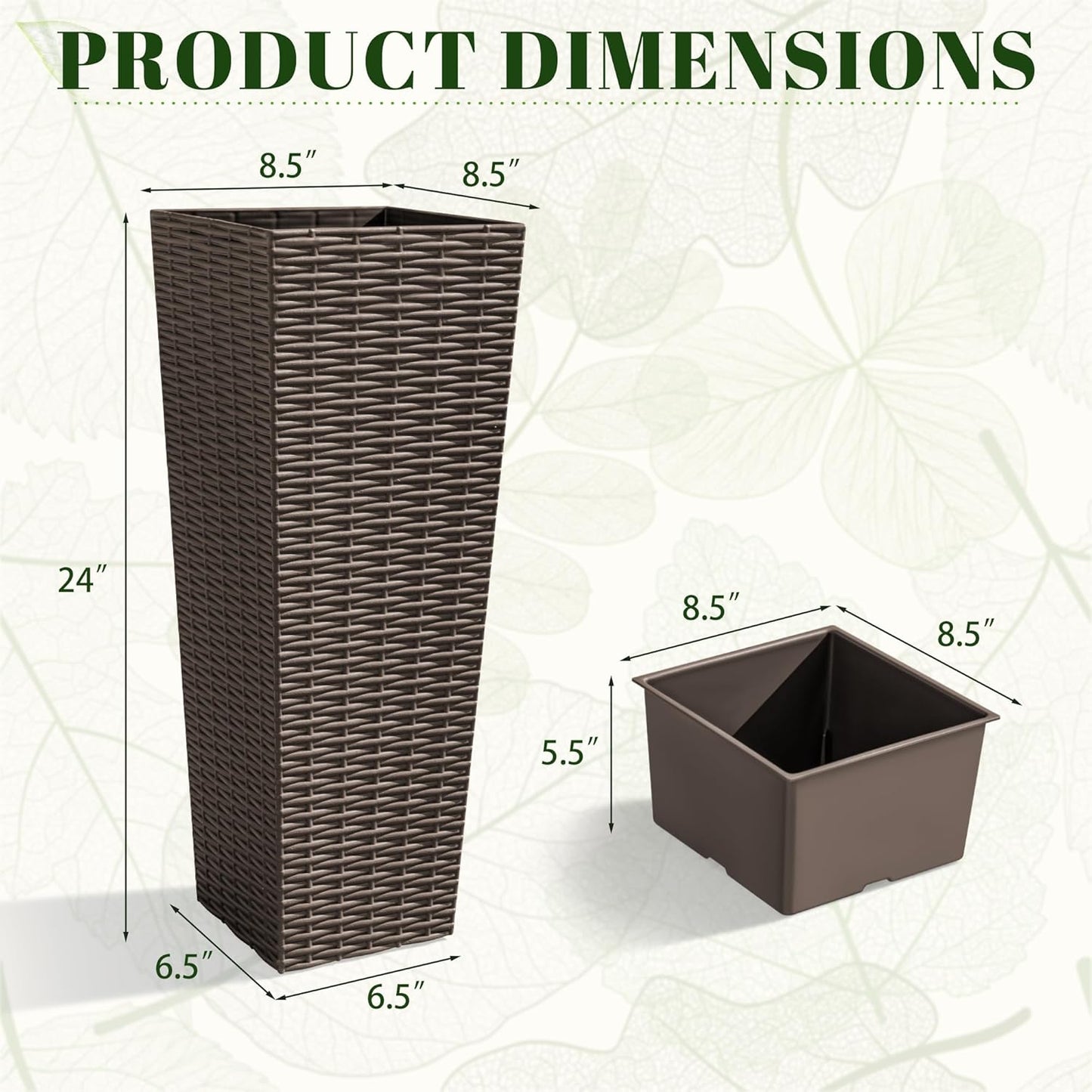 JUMMICO Set of 2 Resin Rattan Tall Planters for Outdoor Plants, Large Tapered Planters with Drainage Holes&Inner Trays, Flower Pots for Garden, Patio, Porch, Backyard (Brown, 24'')