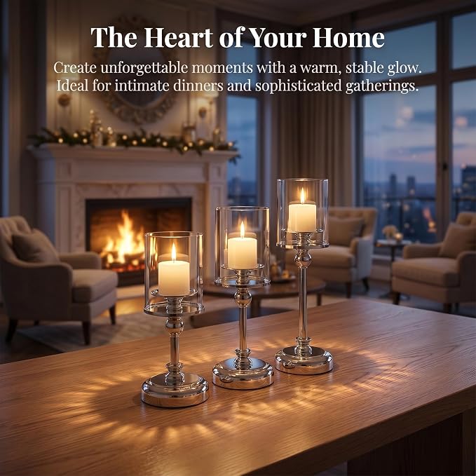 Sliver Hurricane Candle Holders - Set of 3 Tall Candlestick Holders Windproof Taper Candle Holders, Metal Stand for Table Centerpiece Outdoor Indoor Wedding Party Holiday Decor