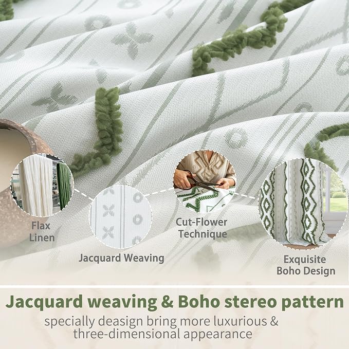 BGment Green Boho Curtains with Tufted Pom Stripe Geometric, Linen Jacquard Pattern Drapes with Grommet for Living Room Bedroom Light Filtering, 52 X 84 Inch, 2 Panels