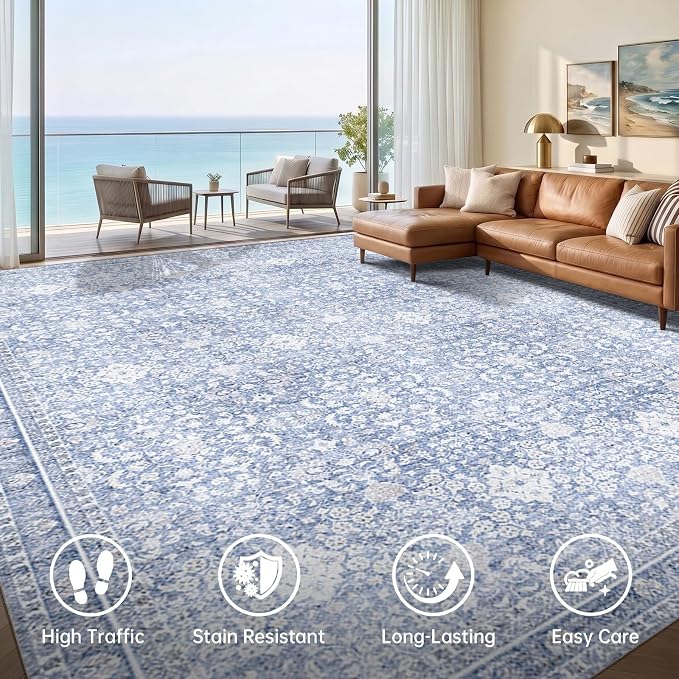 Sasttie 8x10 Area Rugs, Ultra-Soft Washable Rug, Low Pile Foldable Thin Carpets with Non-Slip Backing, Skin-Friendly Stain Resistant Carpet for Living Room, Bedroom, Kitchen, Dorm, 8x10, Light Blue