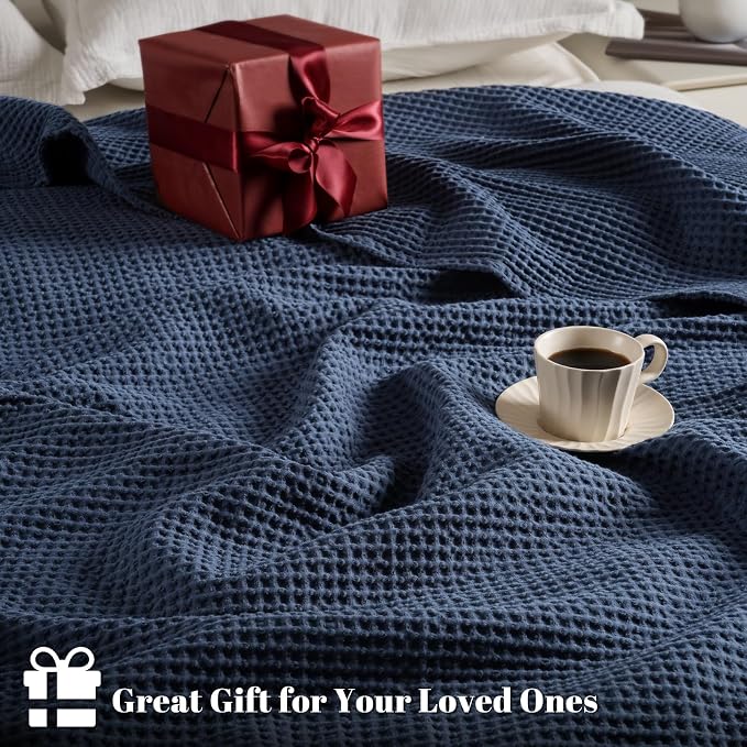PHF Pre-Washed 100% Cotton Waffle Weave Blanket Twin Size for Bed,Snag Proof Throw Blanket for Couch Spring Summer Lightweight Breathable,Machine Washable, Home Decor Gift - Dark Navy