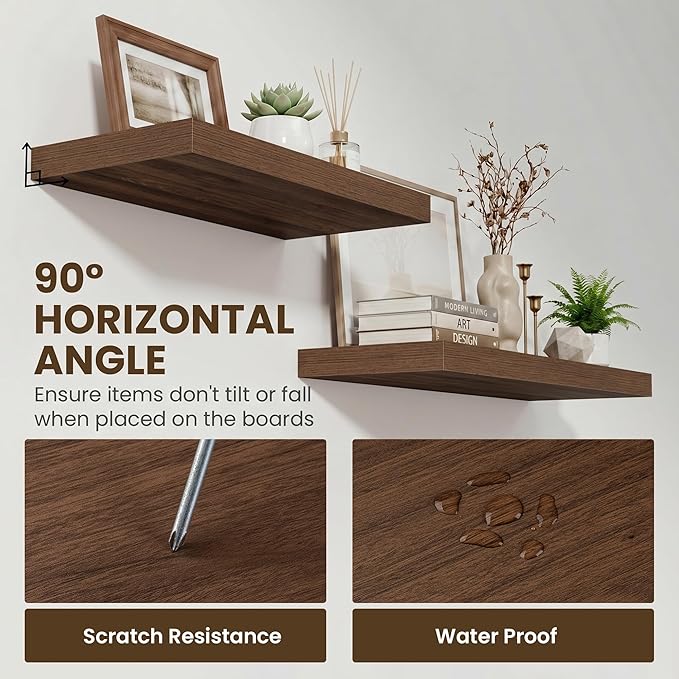 Acovy 24 Inch Floating Shelves for Wall,12" Deep Floating Shelf Set of 2 with Invisible Brackets,Rustic Farmhouse Wall Mounted Shelf for Kitchen,Bathroom,Living Room,Bed Room,Walnut