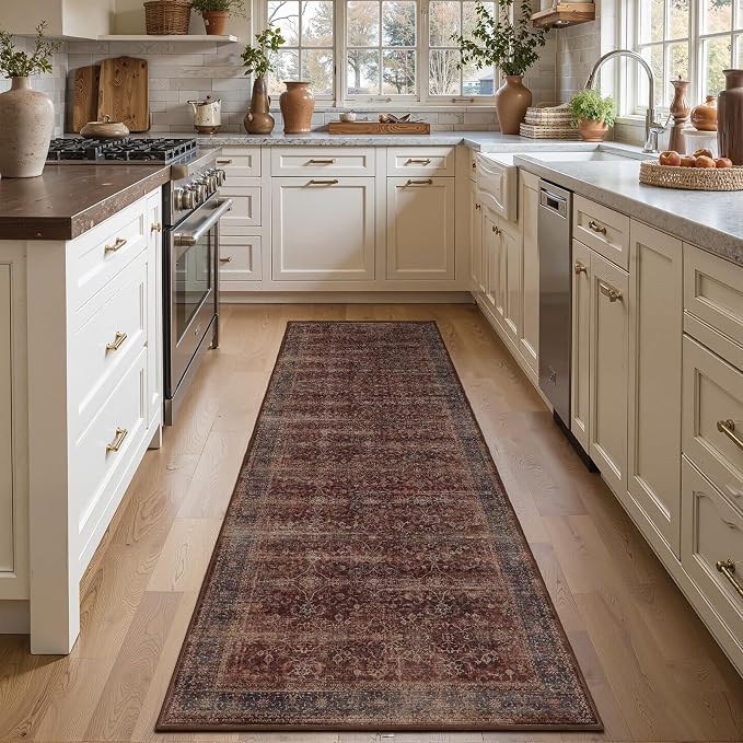 Brick Red 2x7 Hallway Runner Rug Non Slip, Vintage Farmhouse Dark Entryway Rugs for Inside House Mudroom, Ultra Thin Print Kitchen Runners Non Skid Washable, Carpet Runner for Bathroom Bedroom