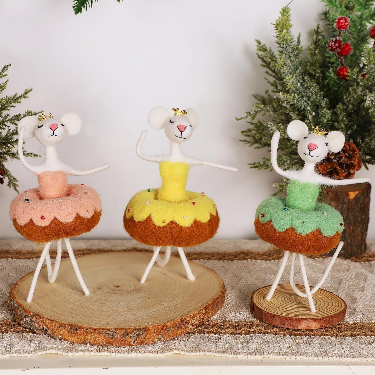 Set of 3 Christmas Felt Dancing Mice Ornaments, 6.7" Tall Hanging Wool Mouse Figurines with Donut Tutu Skirt, Tiered Tray Tabletop Decor, Xmas Tree Holiday Easter Gifts Home Office Party Supply